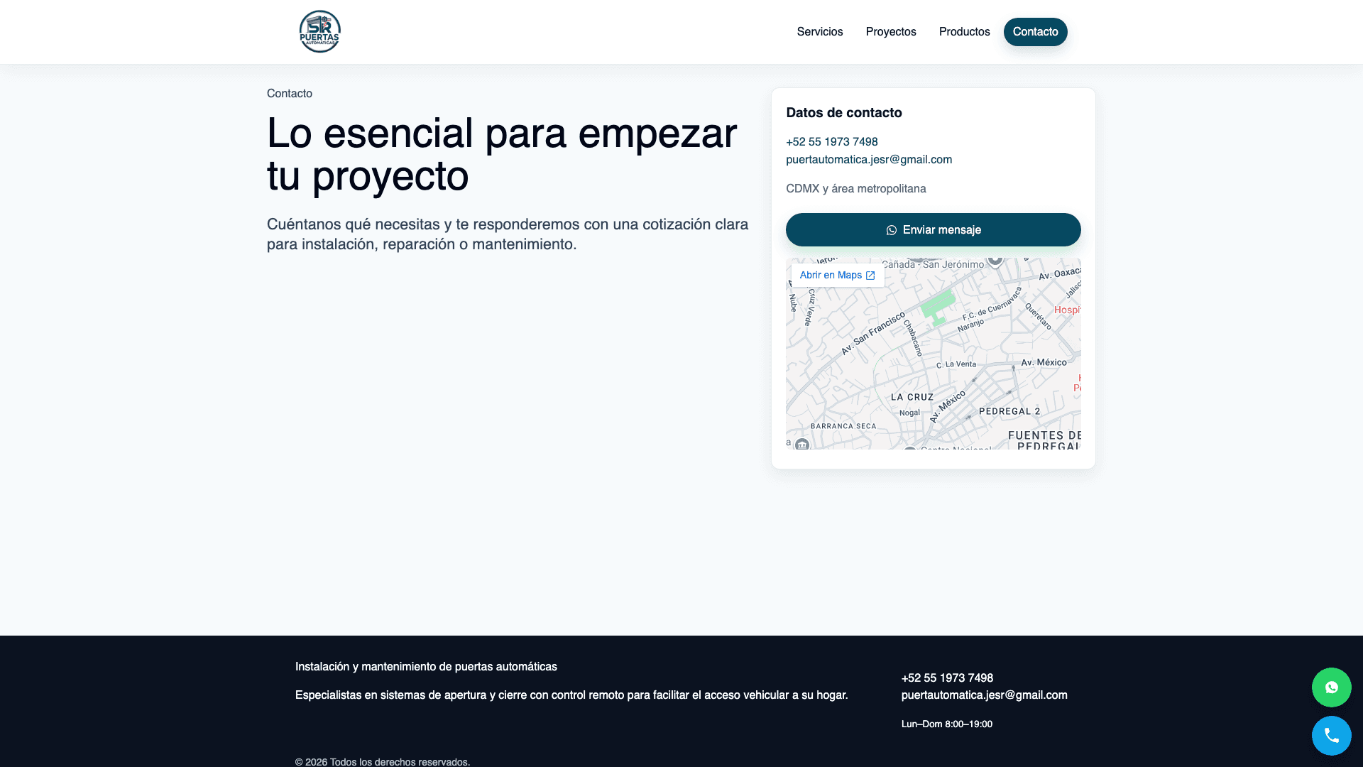 Información de contacto del sitio Puertas Automáticas SR